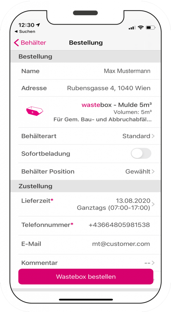 wastebox app Bestellvorgang Mockup am Smartphone Schritt 3